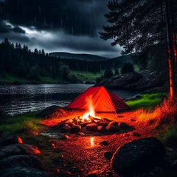 Dark rainy night with campfire and nature in Scandinavia