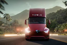 A Tesla 'Semi' (semi truck) is going at a high speed, on the 'Jurassic Park' island. (CINEMATIC, WIDE ANGLE LENS, PHOTO REAL)