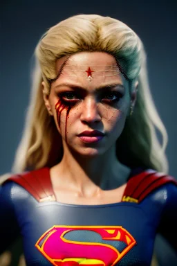 portrait, Shakira, make-up, angry, Realistic image, superhero, retro style, supergirl, blood, sweat, fog, goddess. Black background, photo studio, concept art, smooth, unreal engine 5, god lights, ray tracing, RTX, lumen lighting, ultra detail, volumetric lighting, 3d, finely drawn, high definition, 4k.