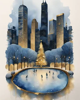 imagine an Art Deco style watercolor painting with gold foil applied to buildings. image of a Winter Park with a frozen pond, a Christmas tree, ice skaters, in foreground. background shows a cityscape with dark blue buildings accents with gold foil and One building is entirely gold foil. Christmas vibes, festive, elegant styling. MY PROMPT ABOVE. I used Microsoft Designer to create these images. I love how they turned out!