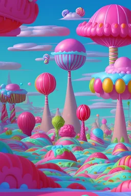 A whimsical candy land filled with larger-than-life sweets, from gumdrop mountains and lollipop forests to chocolate rivers and marshmallow clouds. A playful and imaginative scene, bursting with bright, saturated colors, and intricate details that invite the viewer to explore the delightful landscape.