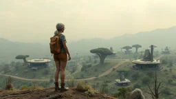 A photorealistic image of a slender 60-year-old woman, in brown shorts, a shirt and boots, with a backpack, standing on a hill looking down on a derelict futuristic village with low flat alien buildings with trees and fungi in clumps.