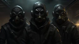 3 masked men in cyberpunk masks, dark smoke, dystopian, armor