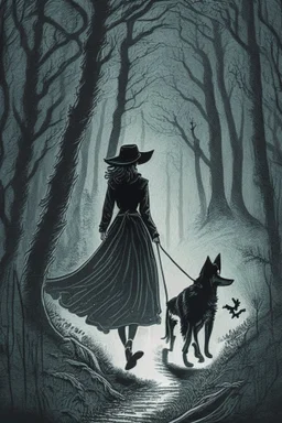 in the style of a Henry Justice Ford drawing, a beautiful witch walks through a dark forest, a dog is coming towards her