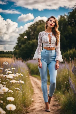 fullbody girl makeup wearing a victorian top and tight pants walking in country side ,flowers ,pretty clouds in blue sky