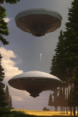 hundreds of school kids see a ufo, flying over tall pine trees, concept art, by Asaf Hanuka, by Weta Digital, Electric Colors, Screen Space Global Illumination, in a symbolic and meaningful style, the craft has flat bottom,3 large lights underneath glow with intense fury, kids running up to craft with wonder