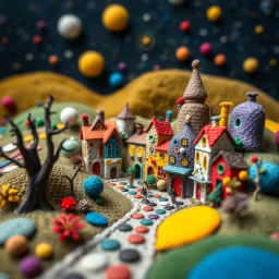 Photograph hasselblad h6d400c --ar 85:128 --v 6.0 of a fairy village made of felt art, Joan Miró, tiltshift, 3d deep field, wide angle landscape scene of an odd village, galaxies and planets, creepy, needlepoint, abstract silhoutte, expressionist style, colorful