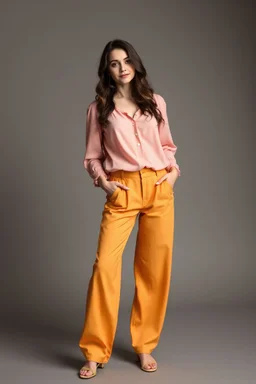 simple background a beautiful young lady wearing pretty pants and blouse standing gracefully