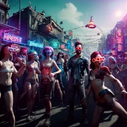 Ultra Realistic photo, medium shot view, drunken women, carnival scene, futuristic steampunk. hair monster, Sunglasses, smoking, happy, hot. Cabaret background, highly detailed, concept art, unreal engine 5, ray tracing, RTX, lumen lighting, ultra detail, volumetric lighting, 3d, finely drawn, high definition, high resolution.