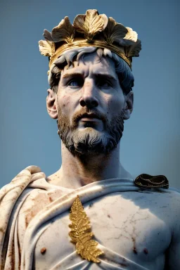 Realistic image, Roman sculpture made in white marble with gold veins, Lionel messi with gold laurel leaves crown, two blue brushes, decorative star on the chest, waist up portrait, marble material, gold ornaments, Baroque style, sun rays background, epic, celestial, cinematic lighting, God lights, 4k resolution, smooth details, soft lighting, unreal engine 5, art station, substance 3d.