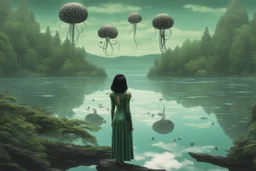 Photo of a skinny woman with a black bob hairstyle, in a green and silver android suit, looking at flying dandelion heads with octopus tentacles looking out over a lake, in an alien forest, with tall narrow cloud trees