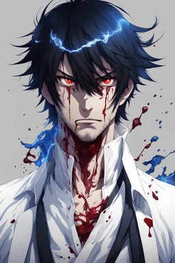 Anime adult man/ black hair/ 30 year man/ white clothes/ power coming out/ blue power/ blood on face
