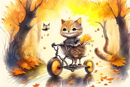 Cute little happy cat scarecrow riding a trike, forest path background, autumn, leaves swirling, waterfall, reflection, mist, sunrise, smooth intricate photorealistic hyperrealistic high definition beautiful lighting pencil sketch watercolor dramatic lighting storybook illustration polished Deep shadows deep color warm light