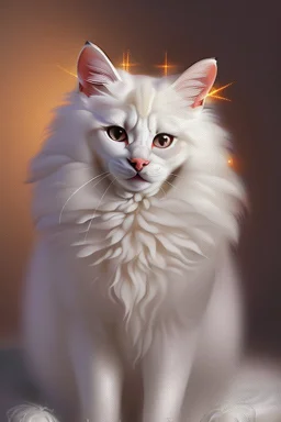 An extremely cute adorable fluffy plushy white smiling cat holding a basket of jewels and gems. His fur is realistic. The background is a romantic carpet bokeh digital painting extremely detailed studio lighting crisp quality and light reflections 8k cinematic lighting portrait photorealistic ultra detailed cinematic postprocessing focused