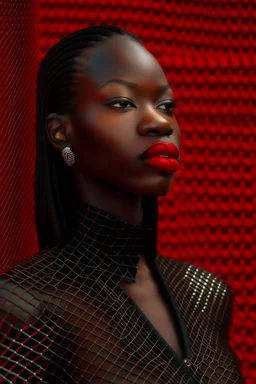 Tall darkskinned woman in black suit; side view, red lips, 16K, image photographic, and behind teh woman a tangle of mesh in the background