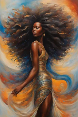 As she walks, her hair flows behind her like a celestial river, adding to the sense of movement and dynamism in the painting. Her presence is captivating, drawing the viewer into her orbit with her magnetic charm and grace. Overall, the painting captures the beauty and majesty of the cosmos, juxtaposed with the strength and resilience of the African female form. It's a celebration of diversity, beauty, and the infinite possibilities that lie within the universe.