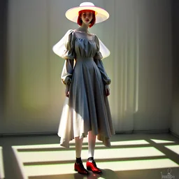 Whimsical and crazy painting of a full body young woman in a soft and dreamy style. The figure standing in the boulevard under a gas lamp shining a pale yellow light is shown in shades of gray and white, with red and yellow dots for emphasis. She wears a flowing black muslin dress and a black wide-brimmed hat, which gives her a graceful and elegant look. The background is abstract, with dull tones that blend together to create a misty atmosphere. Large, stylish red flowers frame the scene, with