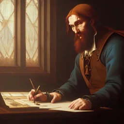 leonardo da vinci works in his study on a laptop at his desk. painting in photoshop. hyperdetailed, warm colors, movie poster, photoillustration, oil on canvas, lens flare