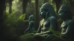 In the heart of the dense jungle, towering palm trees sway in the breeze, their lush green leaves casting dappled sunlight on ancient blue statues hidden among the foliage. These mysterious figures, weathered by time, seem to whisper secrets of a long-forgotten civilization.