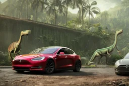 A Tesla's 'Model 3' is drifting at top speed, within the 'Jurassic Park' jungle. CINEMATIC. WIDE ANGLE LENS. PHOTO REAL.