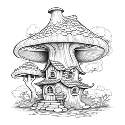 outline art for square twisted old oak tree mushroom cottage coloring page for kids, classic manga style, anime style, realistic modern cartoon style, white background, sketch style, only use outline, clean line art, no shadows, clear and well outlined