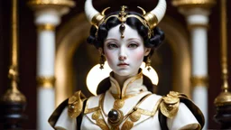 an automaton, doesn't have horns,a beautiful mechanical female demon, beautiful curves, made of ivory porcelain skin, with bronze gold trims, doll-like features, dressed in classical greek clothes, empty black eyes and unexpressive face, full figure, photorealism,face showing deep contemplation, highly detailed, cinematic lighting, Ray tracing