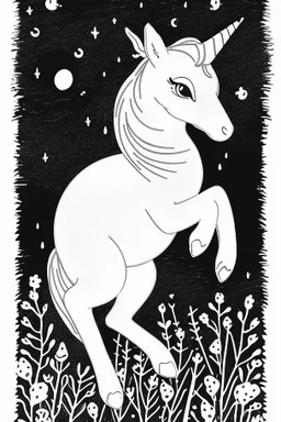 A delightful coloring page design showcasing an adorable baby unicorn in a charmingly naive art style. The artist has skillfully created a whimsical scene with minimal details and a focus on bold, thick black outlines. The endearing fox, prominently positioned in the center, is the highlight of this illustration. The all-white background beautifully complements the simplistic design, allowing young artists to unleash their creativity. As the baby fox takes center stage, a subtle hint of its