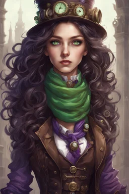 A girl with long, wavy dark brown hair, purple eyes, dressed in steampunk clothes, green scarf ,