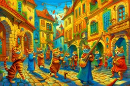 create "The Cat Pied Piper of Hamelin, whimsical and colorful Renaissance attire, playing a golden flute, leading playful and mischievous cats through vibrant, cobbled Renaissance streets, people on balconies laughing and pointing, surreal lighting, dreamlike vibe, highly detailed, vivid colors, painterly style, 8K, magical realism meets historical fiction --v 7 --ar 4:3 --style raw --q 2"