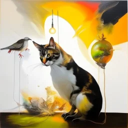 Abstract painting formed by a mix of human flesh-like surgical instruments and universe-like neuralink, a cat looking at a pigeon inside a huge bulb between light and shadow at dusk,surrealism,minimalism,Painting By Adrian Ghenie, Rene Magritte, Salvador Dali, Lucian Freud