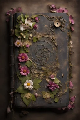 ancient spellbook, cover made from flowers, vines, tattered