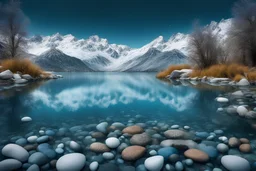 Turquoise clear lake water with blue and white semi-snowed mountains background, blue sky evening starry sky, reflection, dream, sparkling foreground, aquatic plants, small fish, pebbles and stones, clear and transparent, HD, large aperture, foreground and background very clear, photographic panorama, wallpaper, rich details, brilliant colors, high resolution, 4K