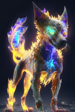 Zombie dog cat fire dragon humanoid fused alien ,extremely detailed,crystal clear, mystical colors ,perfectly centered image, perfect composition, rim light, beautiful lighting, 8k, stunning scene, raytracing