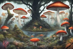 Exotic Flora, fauna, mushrooms, fungi and coral at the End of the Multiverse black liquid Land