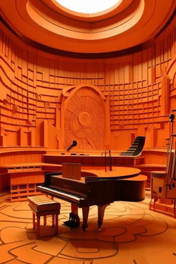 A light rosy orange colored realm with musical instruments and notes painted by Frank Lloyd Wright
