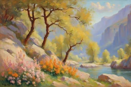 sunny day, mountains, river, rocks, flowers, trees, spring, henry luyten and auguste oleffe impressionism paintings