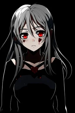 sad, numb, heartbroken, emotionless, disfigured anime girl with black background