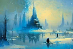 Science fiction city near frozen lake, claude monet impressionism painting