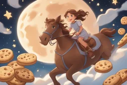 a long, brown-haired girl rides a horse dynamically across the night sky, leaping over a pile of different cookies. Shining moon, in starshine