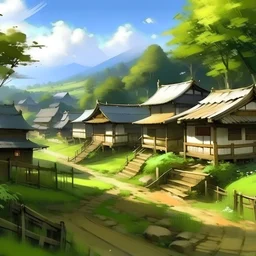 Painting manga style, japanese village in nature
