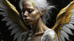 Punk, Angel, pregnant, portrait, white hair, golden wings, old canvas, torn cracks, mystical, fine rendering, high detail, 8K