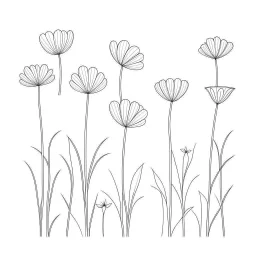 set of grow wind flower on the grace, SIMPLE ONE lineS art, white background, minimalis, different view, only white bakcground solid.