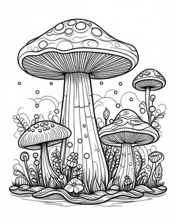 mushroom world minimalistic landscape. line art, background, vector, svg, coloring book page style, black outline on white background