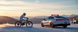 888 snow man riding a bike down hill with skiers with police car on tail