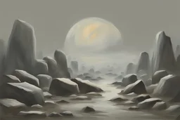 Planet in the sky, grey sky, rocks, impressionism paintings