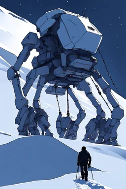 a minimalist silhouette of a sleek mechanical walker with eight legs scaling a very steep snow covered side of mout everest at night, it has a smooth surface, it has storage pods on its belly and humans can fit in the pods