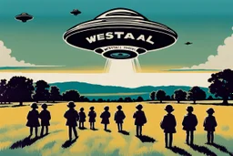 bumper sticker design, westall in bold heading text, ufo 1966, lots of school children looking up in a field, mysterious cool, bold