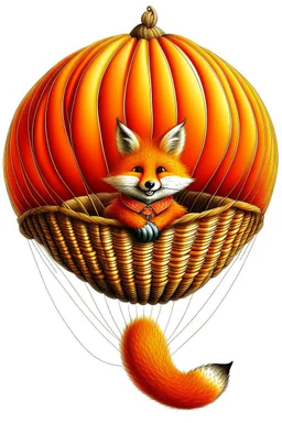 Color illustration of a ultra photo realistic happy red fox sitting inside a detailed wicker basket which is hanging below a perfect round orange colored hot air ballon on a white backgound, the fox is not inside the ballon, you can see the fox's tail, nothing should be hanging from the basket, full image of hot air ballon, every element; fox, wicker basket, ballon should be in proportion to one another, in the background you can see the leaning tower of Piza