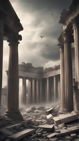 haunting scene portraying the decline and fall of the mighty Roman Empire. Capture the aftermath of a catastrophic event, with iconic Roman structures now reduced to ashes and ruins. Detail the remnants of once-grand architecture, such as shattered columns and crumbling walls, against a somber and desolate backdrop. Use subdued tones to evoke a sense of loss and decay. Highlight the remnants of statues, arches, and forums, now weathered by time and destruction. Incorporate a moody sky to enhance