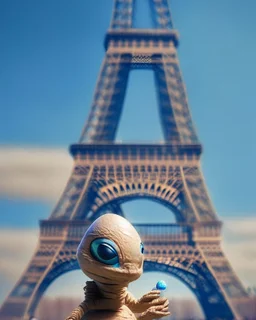 ET holding an Easter egg in front of the Eiffel Tower